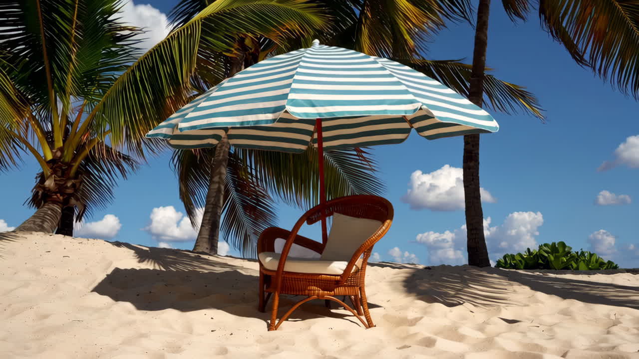 A solitary beach chair and umbrella on a sandy beach with palm trees