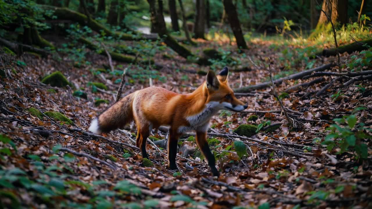 Wide-angle video shot of a serene forest with sunlight filtering through trees, creating a peaceful