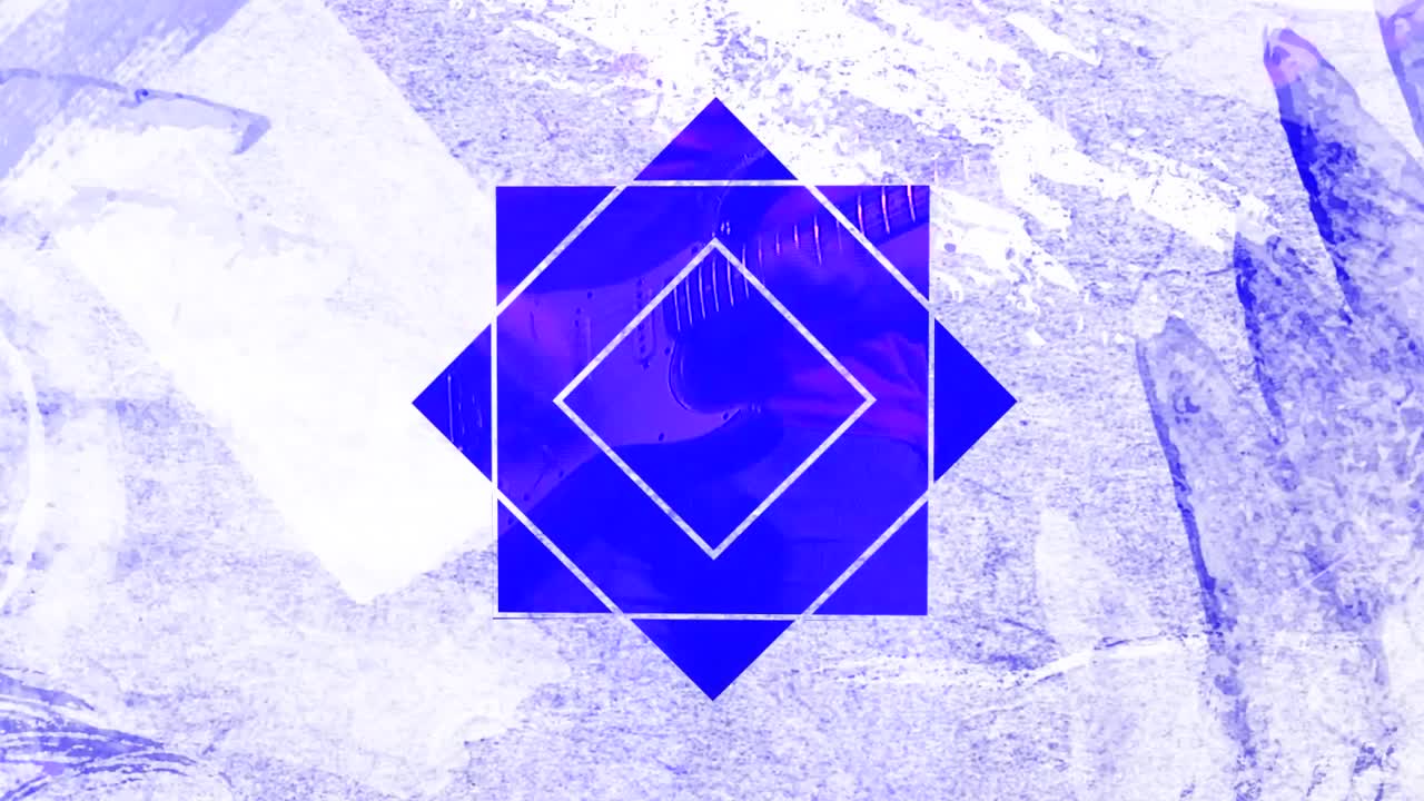 hombre tocando la guitarra eléctrica sobre un diseño de forma hexagonal geométrica contra un fondo gris texturizado