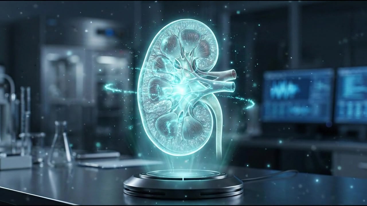 Computer screen in medical facility displaying blue kidney scan