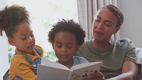 army mother in uniform home on leave with children reading book on sofa together