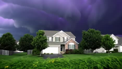 a dramatic shift in atmosphere: captivating views of two residential homes under ominous dark storm clouds as nature paints an eerie background