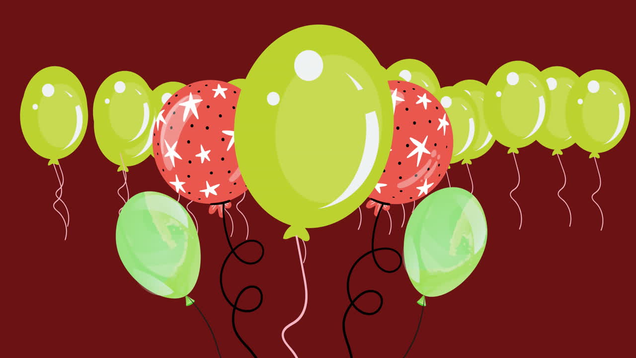 Animazione di numerosi palloncini colorati su sfondo rosso