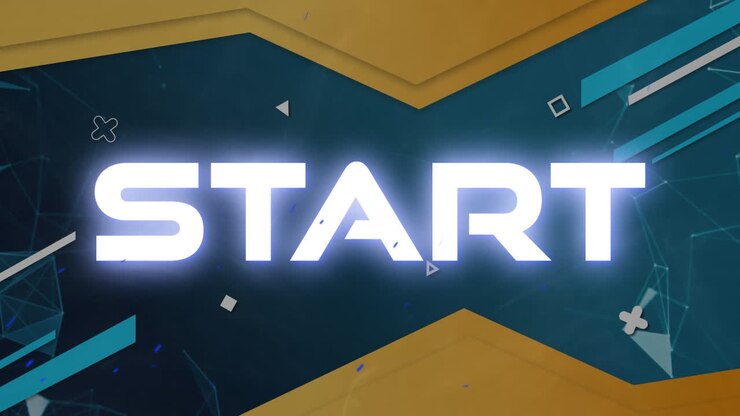 Animation of start text over blue and yellow shapes
