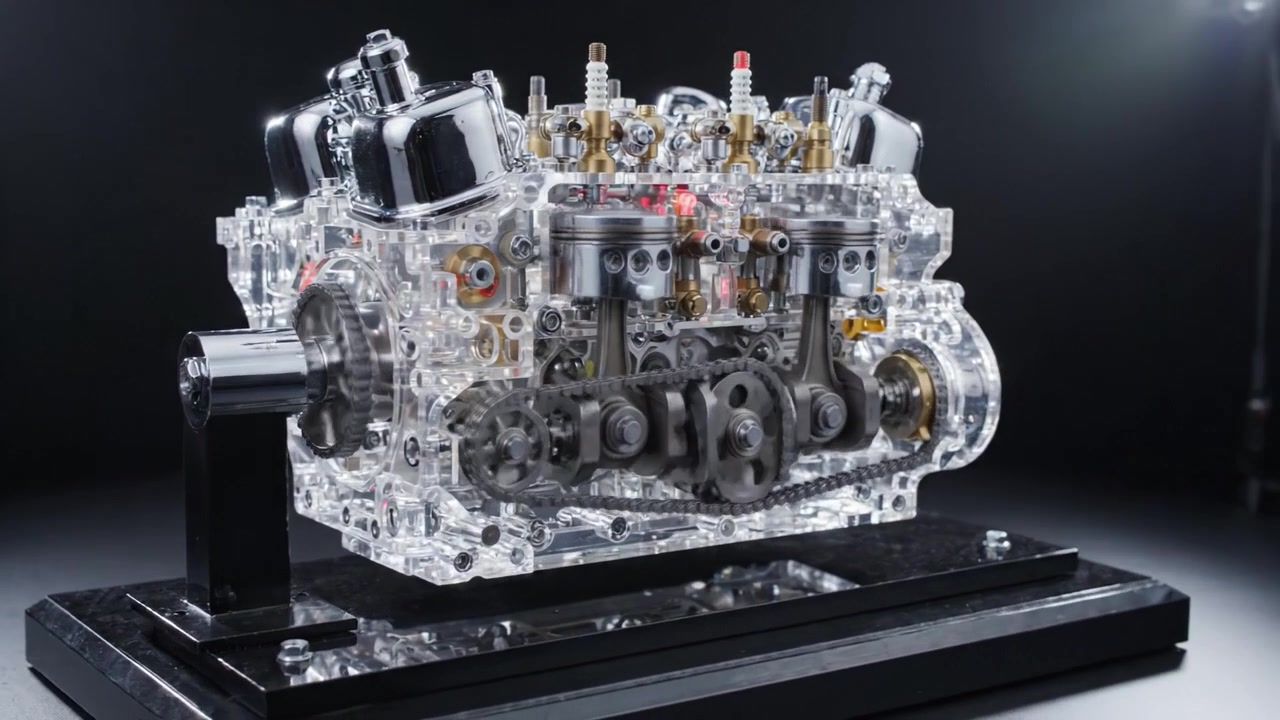 Uno sguardo approfondito a un modello di motore trasparente, che mostra la meccanica interna e l'ingegneria di precisione in una splendida esposizione di design automobilistico.