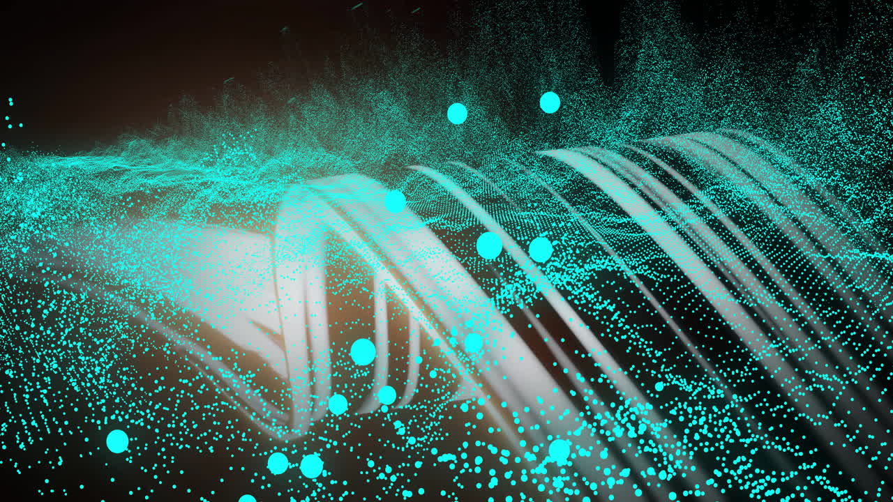 3D render showing turquoise particles flowing across wave mesh, floating spheres above dark field