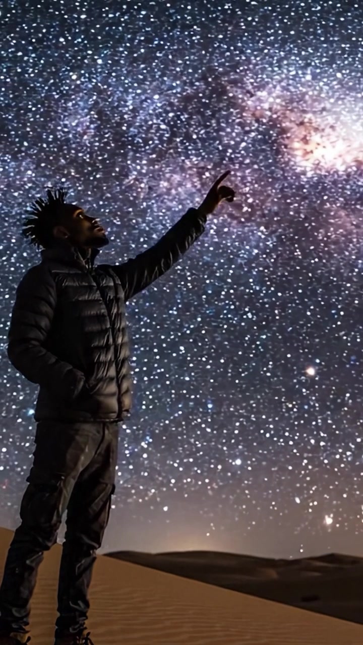 Un Viaje Cósmico: Una Figura de Pie Bajo un Dosel Estelar, Maravillándose con las Maravillas Celestiales del Cielo Nocturno en un Paisaje Desértico Remoto