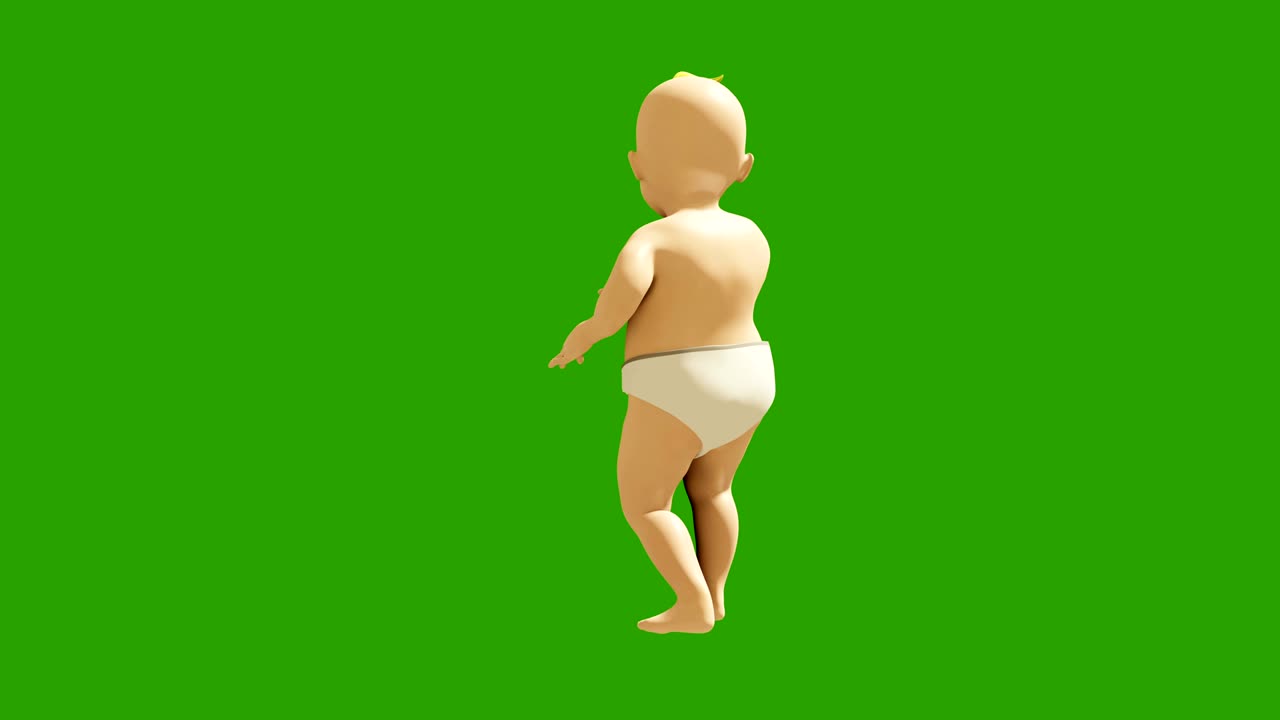 작은 아기가 녹색 화면을 배경으로 즐겁게 춤을 추고 있습니다. 3d 시각화, 춤추는 아이의 애니메이션.