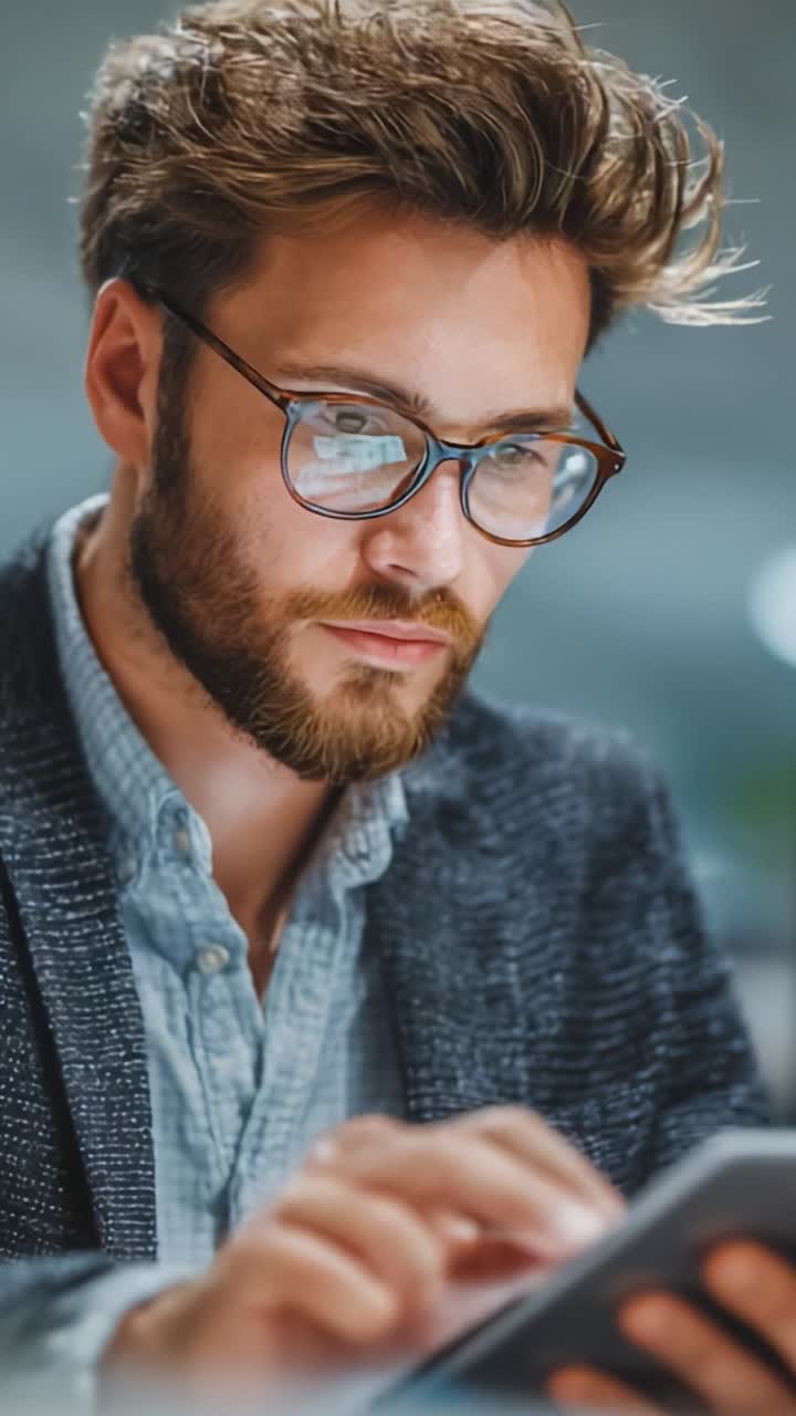 Fokuseret professionel analyserer data på digital enhed, mens vedkommende arbejder i et moderne kontormiljø, hvilket demonstrerer engagement i produktivitet og innovation.