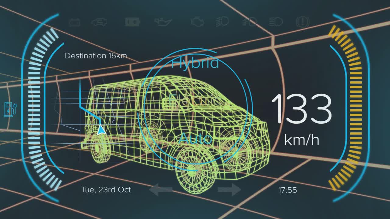 하이브리드 밴 인터페이스에서 스피도미터, gps 및 충전 상태 데이터의 애니메이션, 3d 밴 모델 이상