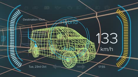 Animation-of-speedometer,-gps-and-charge-status-data-on-hybrid-van-interface,-over-3d-van-model