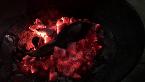 roasting sweet potato on a red flamed charcoal on a new year event