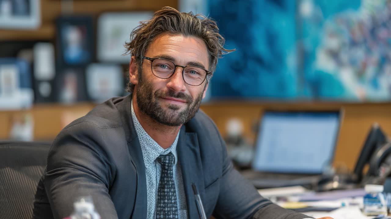 Confident Professional in Office Setting Engages in Important Discussion, Presenting a Friendly and Approachable Demeanor While Seated at Desk Surrounded by Technology