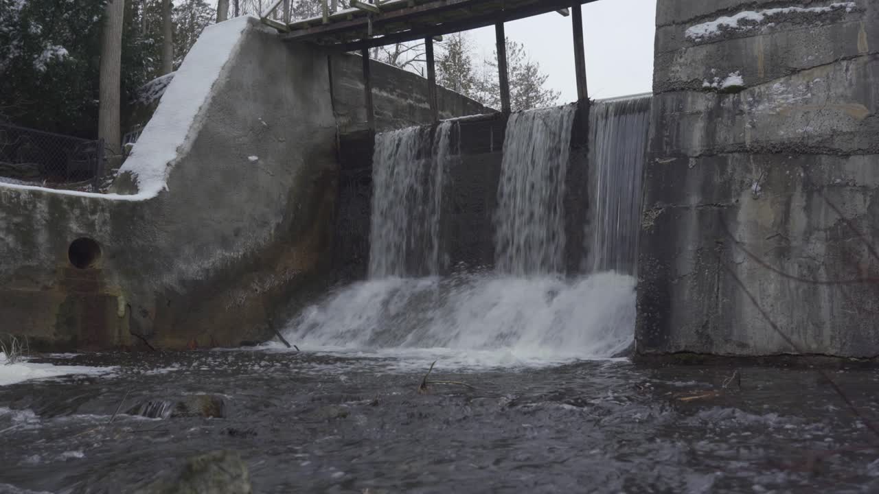Beautiful Winter Waterfall Landscape, Water Cascading Into River