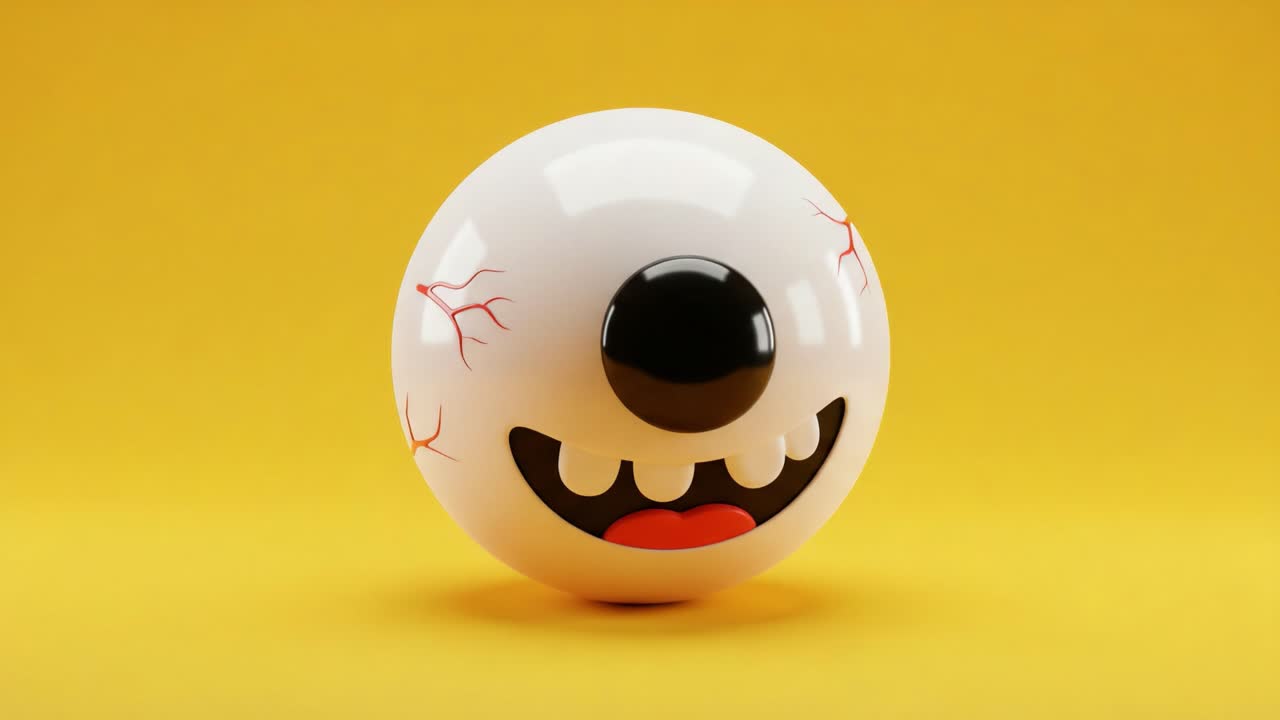 A Playful Cartoonish Eyeball Character with a Big Grin, Characterized by Bright White, Red Veins, and a Black Pupil Set Against a Vibrant Yellow Background
