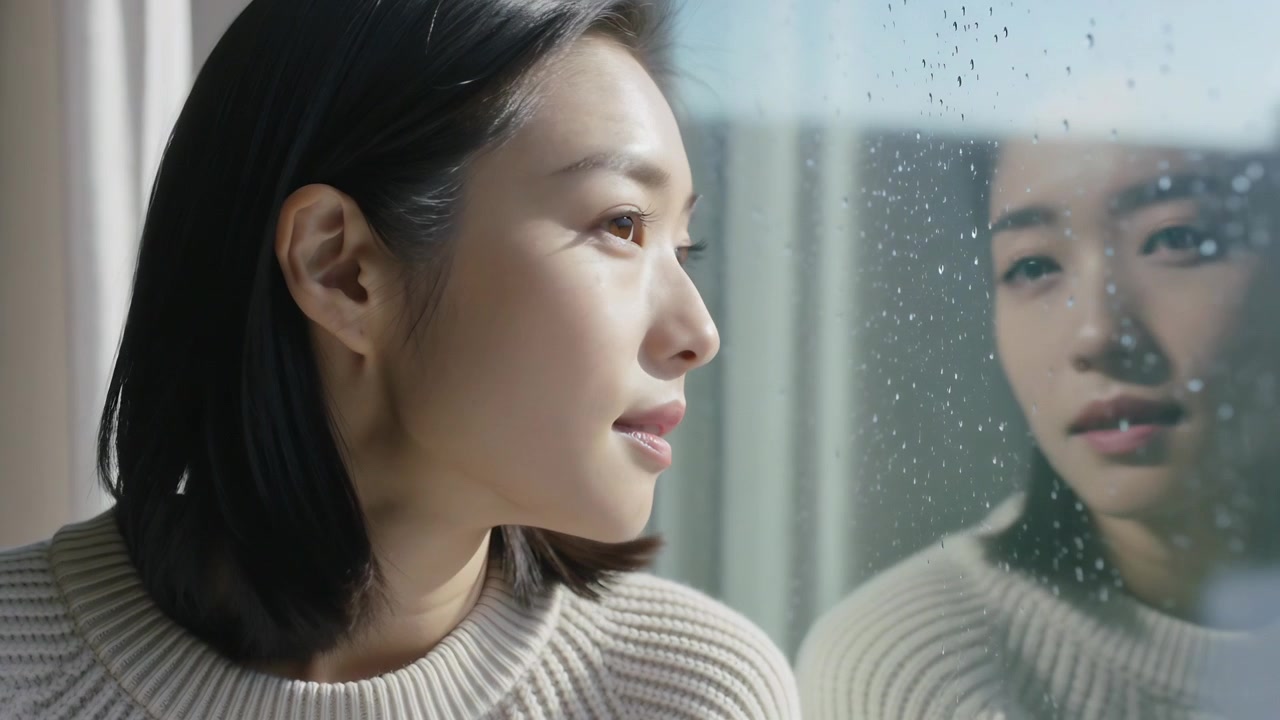 家の窓際で、もたれかかっている女性が目を開けて首を回し、雨粒が反射するセーターを見せている。
