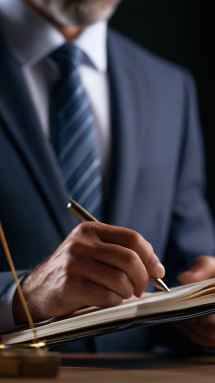 Un hombre de negocios con traje se concentra en firmar un documento con un bolígrafo, destacando la importancia de la precisión y la atención al detalle en entornos formales.