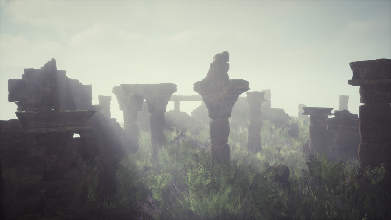 안개 속 의 고대 사원 의 폐허