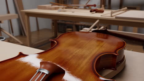 close-up of a violin in a woodworking shop
