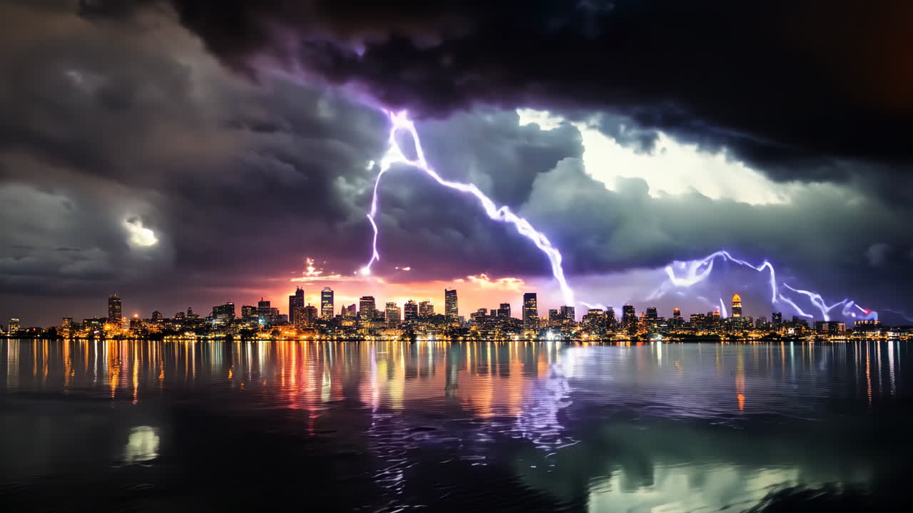 Stunning Thunderstorm Over City Skyline at Dusk. A dramatic thunderstorm lights up the city skyline at dusk, with flashes of lightning reflecting on the water below.