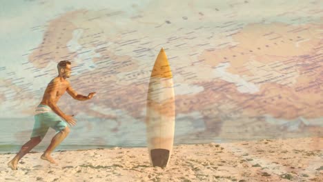 Animation-of-world-map-over-caucasian-man-running-to-surfboard-on-beach