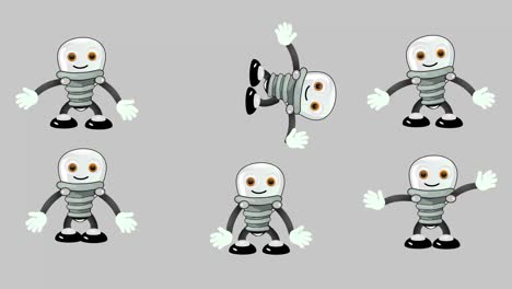 bulb lamp character animation set in 4k with alpha channel. looped scenes. cartoon style character actions such as walking jumping looking breathing staying clapping dancing workout to compose