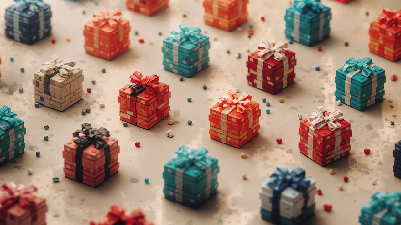 Shifting camera moving focus across studio tabletop, showing stacked gift boxes and scattered beads