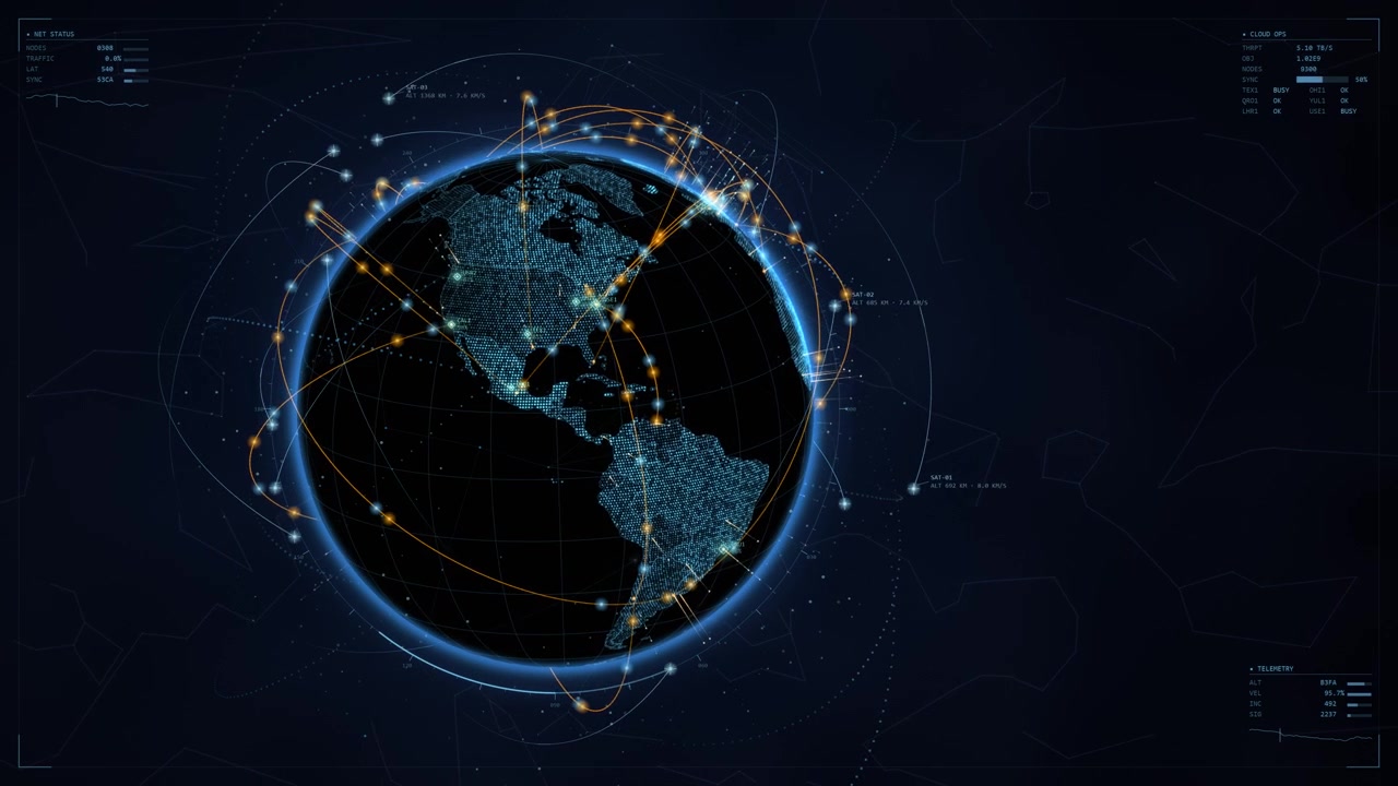 loopable rotating Planet Earth, futuristic digital globe, high-tech communication network with global data lines connecting nodes across space, satellites and data centers
