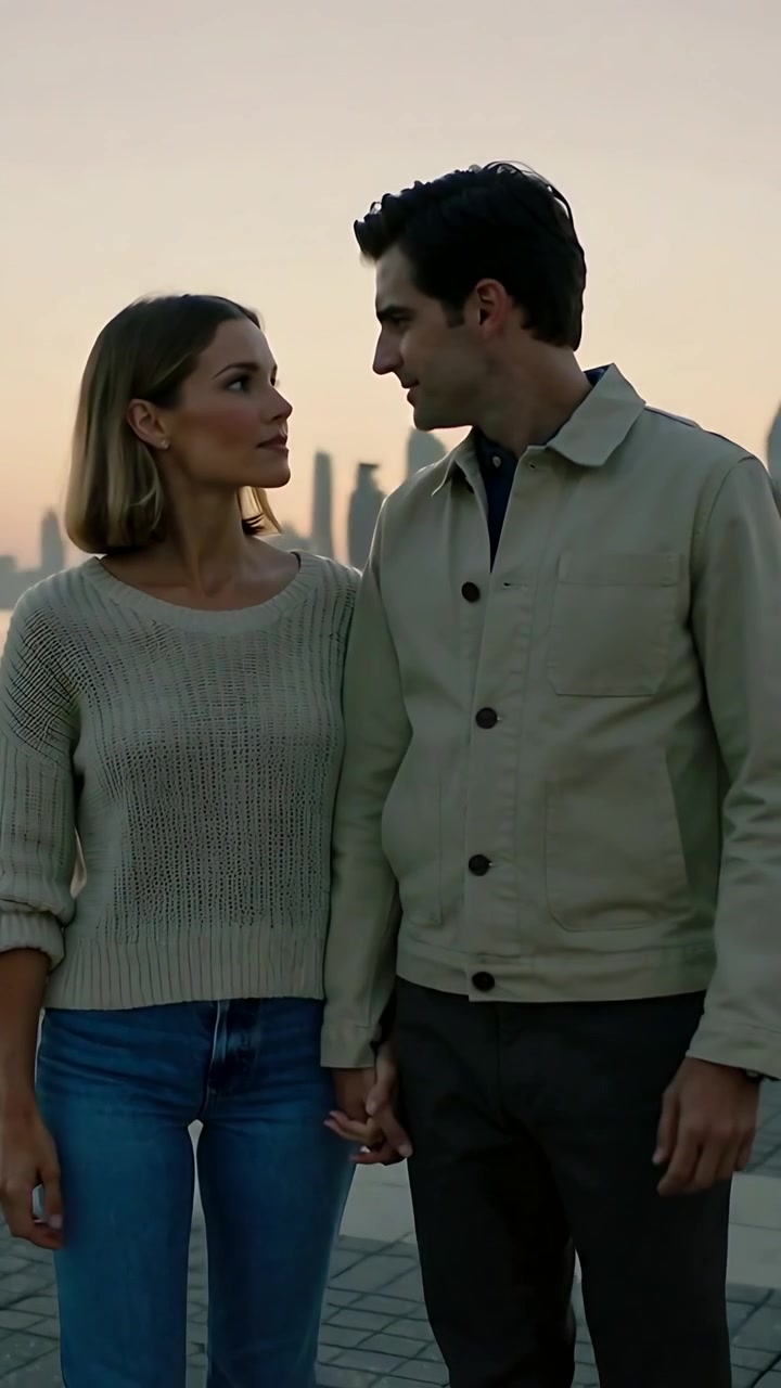 Video vertical: Pareja caminando tomados de la mano en un paseo marítimo al anochecer, vistiendo un suéter de punto color crema y un abrigo beige.