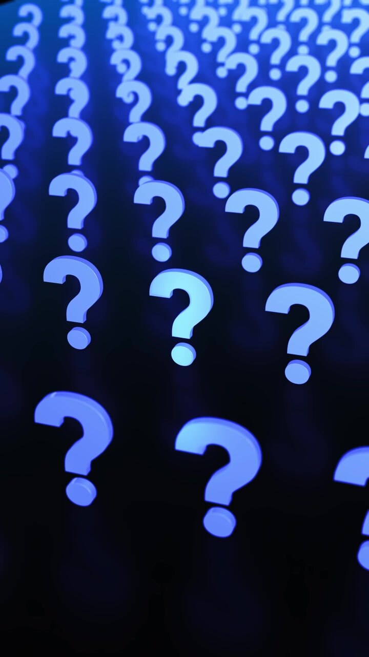 Floating blue question marks central symbol dark background uncertainty curiosity confusion
