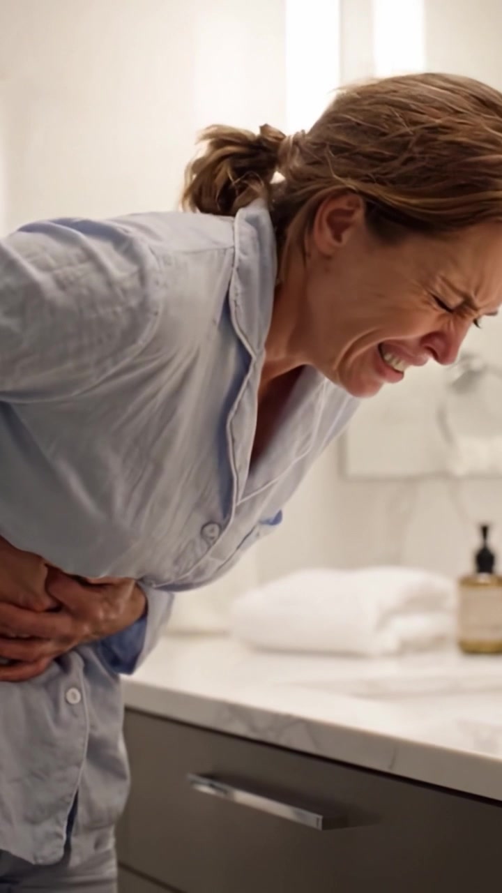 A Woman in Distress: Grappling with Severe Abdominal Pain While Wearing Pajamas in a Bathroom Setting, Struggling with Discomfort and Seeking Relief