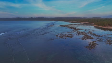 drone filmado al atardecer a través de la costa de la bahía de grajagan en la isla de java en indonesia, mostrando arrecifes de coral saludables y aguas tranquilas del océano