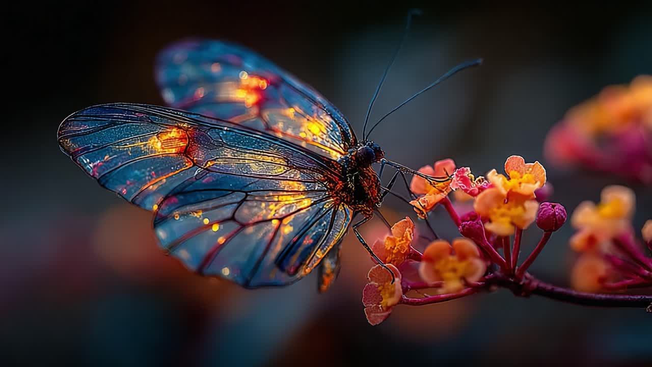 A Stunning Close-Up of a Colorful Butterfly Resting on Vibrant Flowers, Showcasing Intricate Details and Luminescent Patterns in Nature's Beauty