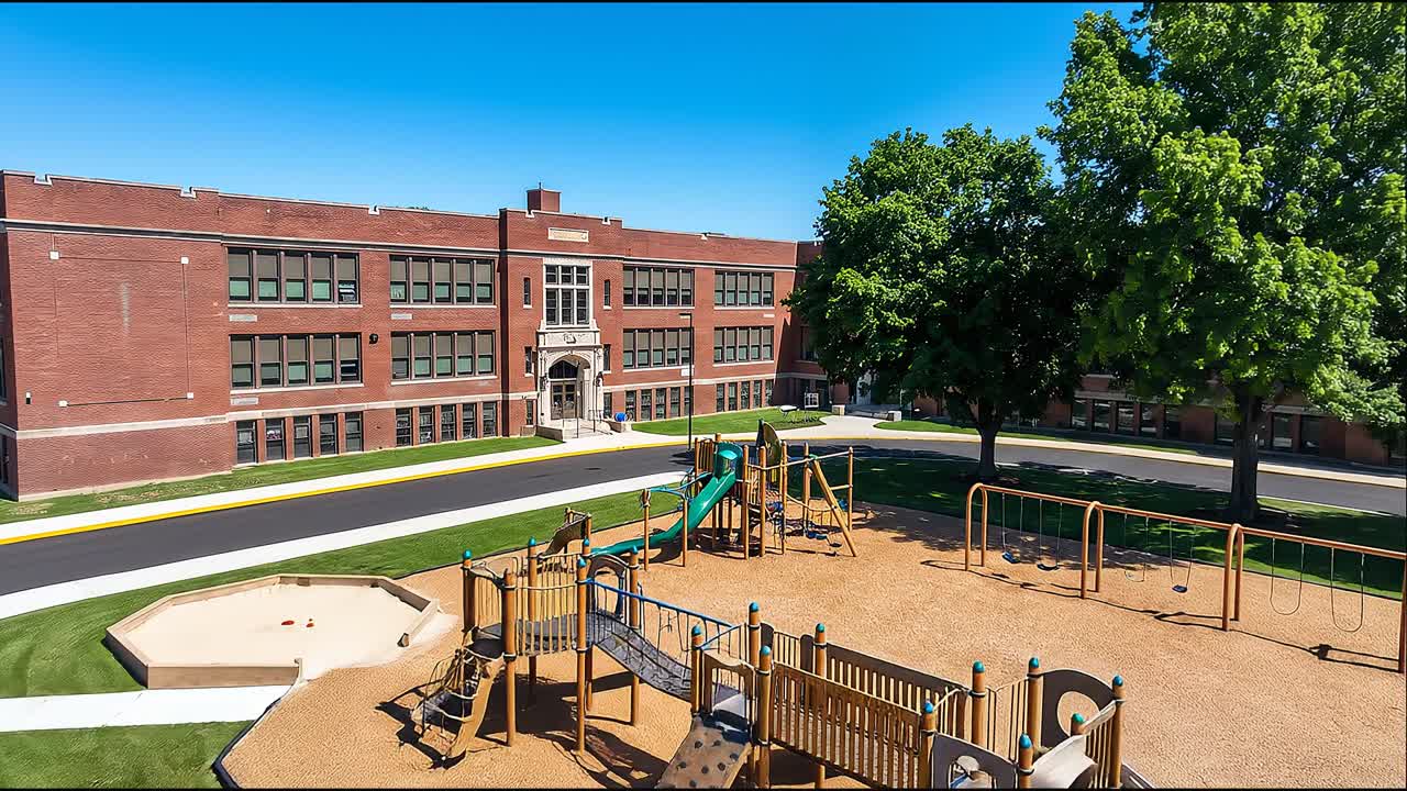 Vista aérea de un patio de juegos escolar con toboganes, columpios y zona de aparcamiento junto a un gran edificio educativo de ladrillo