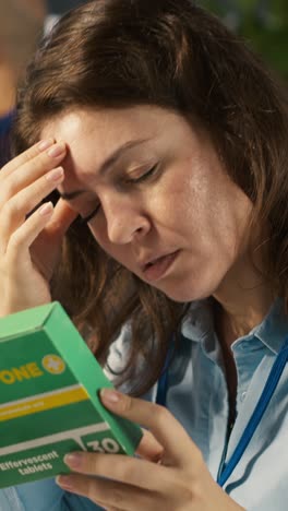 vertical video stressed woman in office feeling painful headache while working, taking pills
