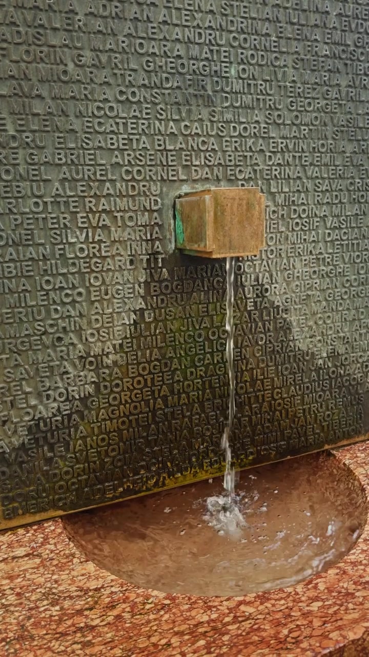 Vista della Fontana dell'Amicizia con nomi incisi, che evidenzia un monumento pubblico simbolico e un luogo di ritrovo a Timisoara