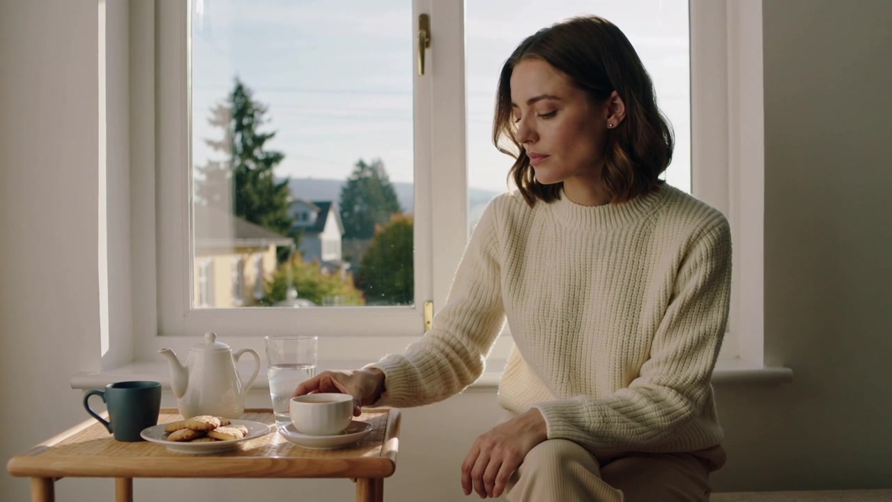 Lifting white cup to lips, woman in cream sweater sipping by window, adjusting saucer, seeking calm