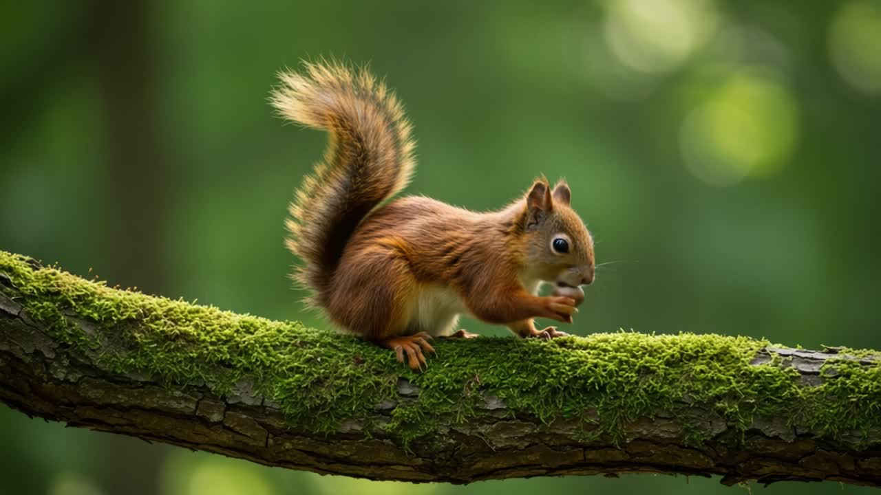 A Playful Squirrel Navigating a Mossy Branch in a Lush Green Forest, Showcasing Its Agile Movements and Cute Expressions