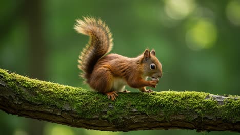 A Playful Squirrel Navigating a Mossy Branch in a Lush Green Forest, Showcasing Its Agile Movements and Cute Expressions