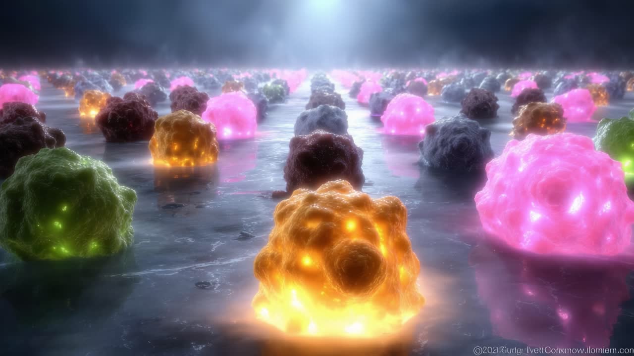 A Vibrant Close-Up of Futuristic Bioluminescent Microorganisms in a Surreal Landscape, Showcasing Their Dynamic Colors and Natural Glow Against a Dimly Lit Background