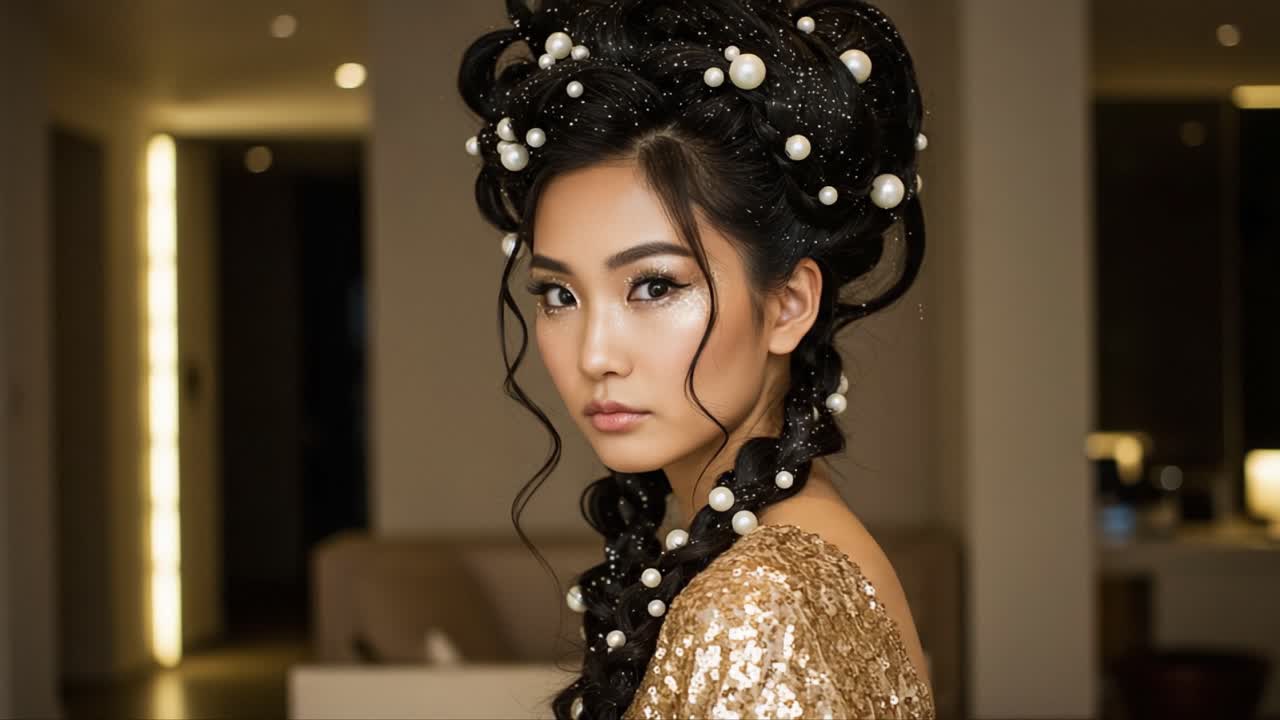 An Enchanting Portrait of Elegance: A Model with Intricate Hairstyle and Glimmering Gold Attire Stunningly Captured in Two Cinematic Frames