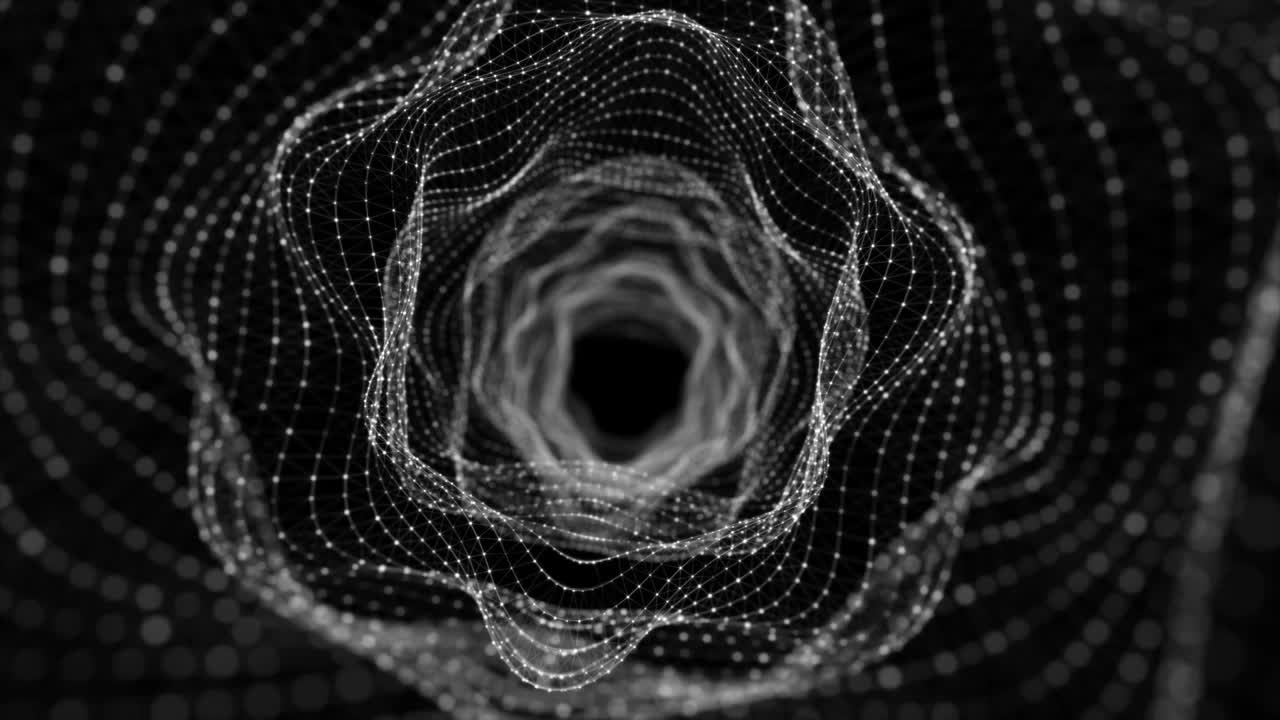 Abstract dynamic wireframe tunnel on black background. Deep wavy wormhole. Futuristic particle flow. 3d rendering.
