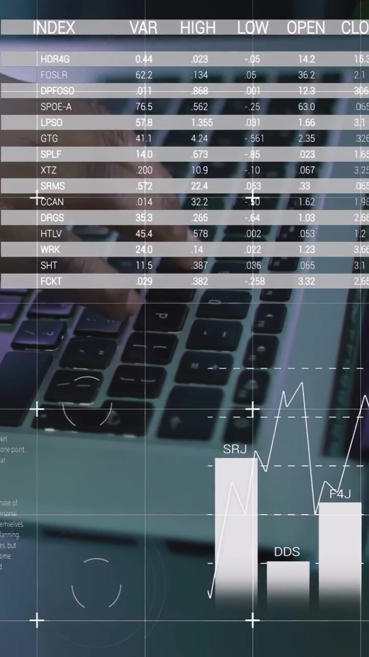 Vertical video: Hands typing on keys causing market charts morphing into bars and %, analyzing