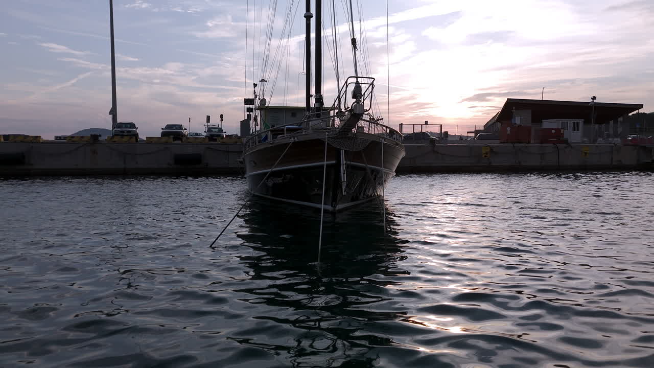 Aerial View of Sailing Gulet. A gulet is a wooden classic yacht built usually in Bodrum or Marmaris from the southwestern coast of Turkey, filmed in Formia, Italy