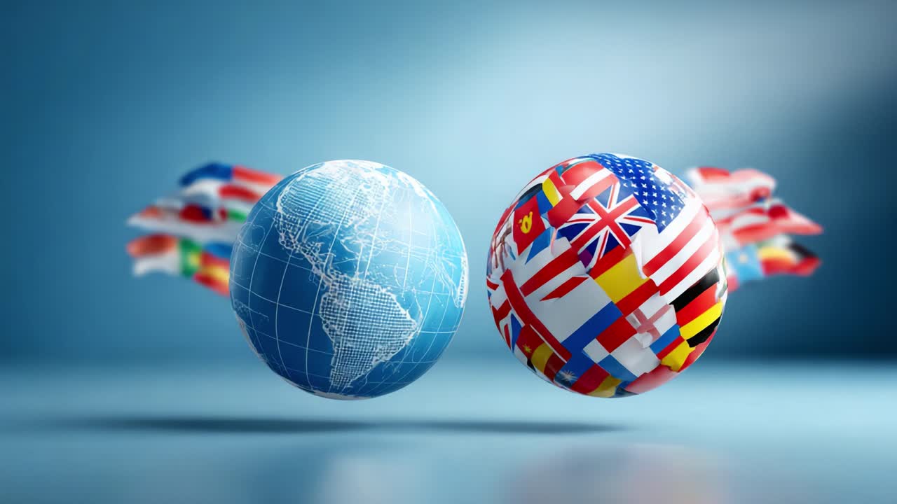 Global kommunikasjon gjennom språk: En visuell fremstilling av internasjonale flagg og jorden for å fremheve flerspråklige forbindelser og kulturell utveksling