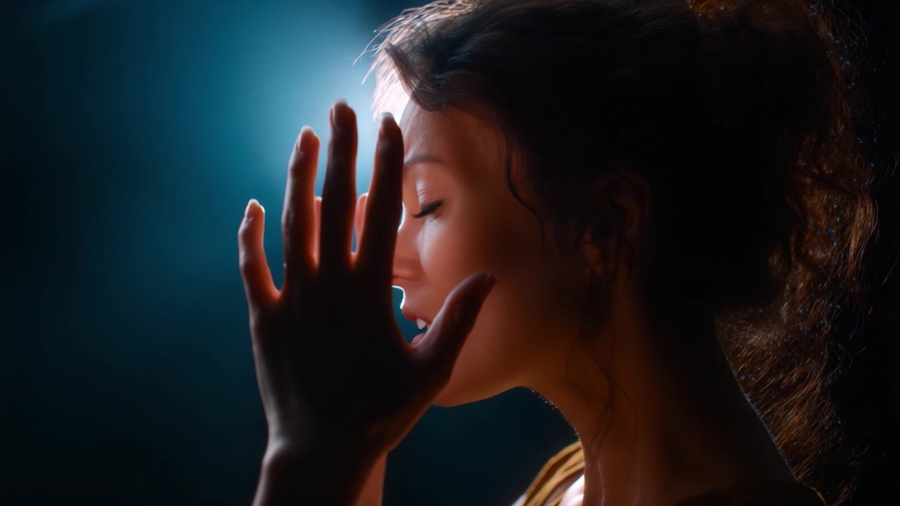 A French Woman with Bright Light Behind Her Ponders Life Choices, Her Silhouette Highlighted Against a Mystical Glow, Captivating Through Emotional Expression