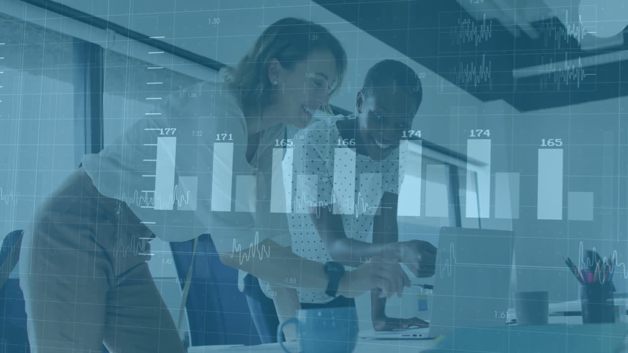 Analyzing data on laptop, business professionals with financial charts animation over them