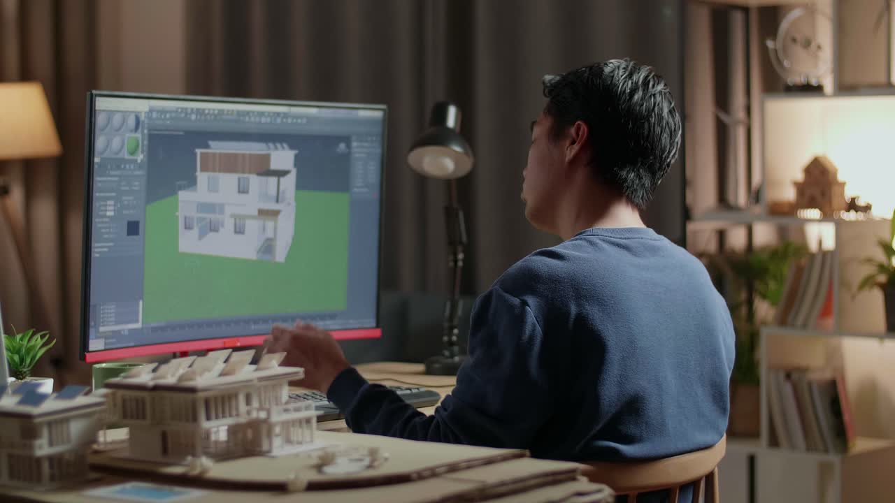 건축가가 집 디자인을 늦게 작업하고 있습니다.
