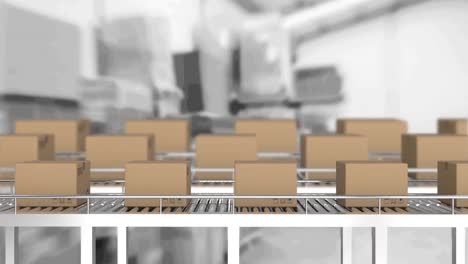 animación de cajas de cartón que se mueven en cintas transportadoras en el almacén