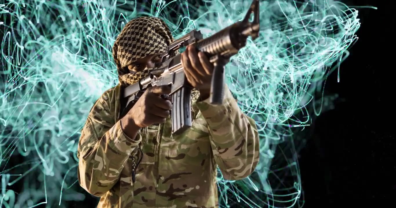Animation of trails and african american male soldier over black background